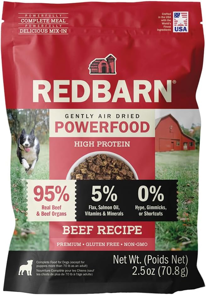 Redbarn Powerfood Air Dried Dog Food 2.5 oz Trial - 95% Beef and Beef Organs High Protein Grain-Free Premium Dog Food Made in USA with Omega 3 Salmon Oil Flaxseed