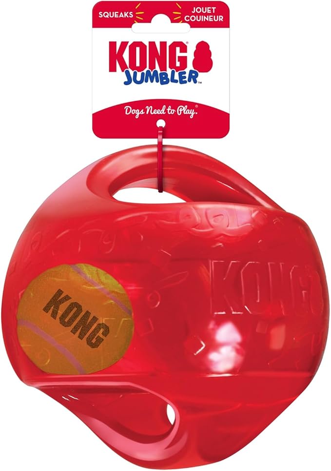 Kong Jumbler Ball - Interactive Toy for Dog & Puppy Playtime - Fetch Toy with Tennis Ball - Dog Supplies for Engaging Play - for Large/XL Dogs - Randomly Provided Color