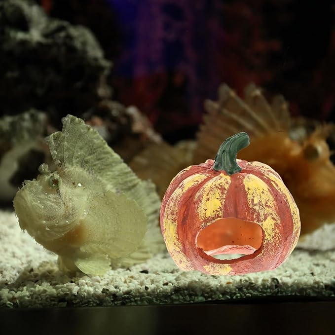 POPETPOP Pumpkin Shaped Aquarium Cave 3 Inch Resin Fish Tank Decor Shrimp Hideout Wear-Resistant Aquarium Decoration for Fish and Aquatic Pets