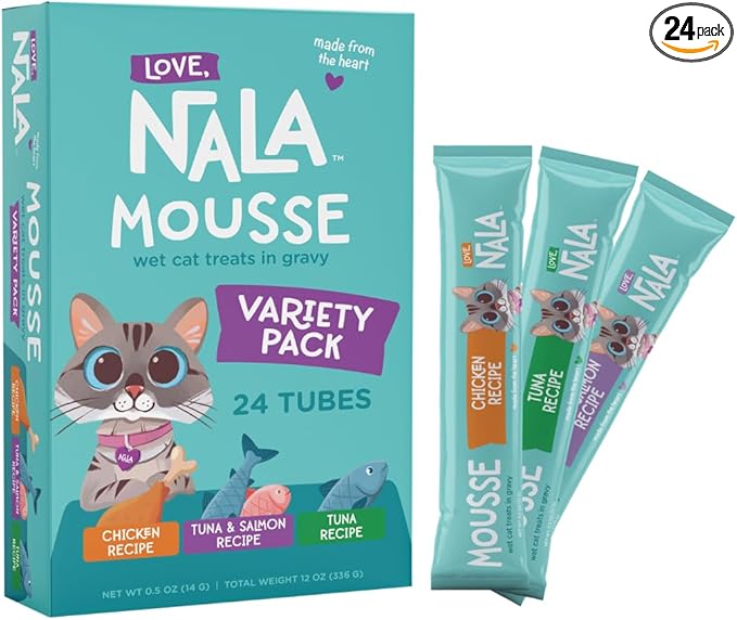 LOVE, NALA - Natural Lickable Cat Squeeze Up Treat,Topper - Variety Pack Mousse - Wet Food Cat Puree - Grain Free, Non-GMO, Minerals, Vitamins - 24 Pack 12 oz.