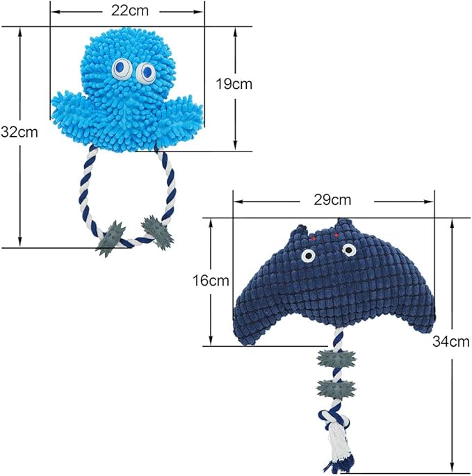 Blueberry Pet Pack of 2 Durable Interactive Squeaky Plush Tugging Rubber Dog Chew Toys Rope Toy for Puppies & Small Dogs, 13 2/5" Manta Ray + 12 3/5" Jellyfish