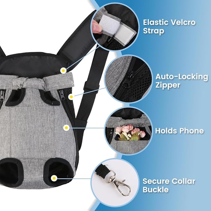 Dog Backpack Carrier, Front Pocket for Essentials, Legs Out Carrying Sling Travel Bag for Small Medium Dogs 2.5-4 Lbs, Soft Wearable Puppy Chest Carry Backpacks for Walking/Hiking/Camping/Traveling