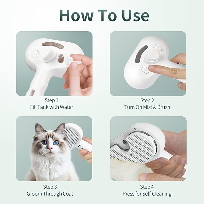 Steam Cat Brush for Shedding, 3-in-1 Self Cleaning Grooming Brush for Dogs & Cats, USB Rechargeable, Hair Removal Comb with Anti-Static Mist, for Long & Short Haired Pets, White