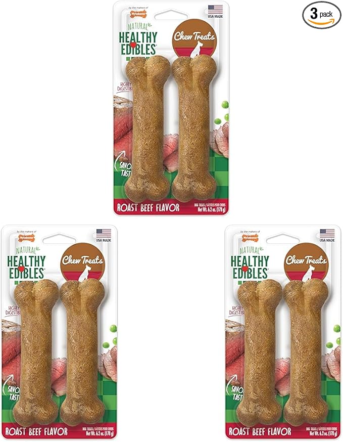 Nylabone Healthy Edibles Natural Dog Chews Long Lasting Roast Beef Flavor Treats for Dogs, Medium/Wolf, 2 Count, (Pak of 3)