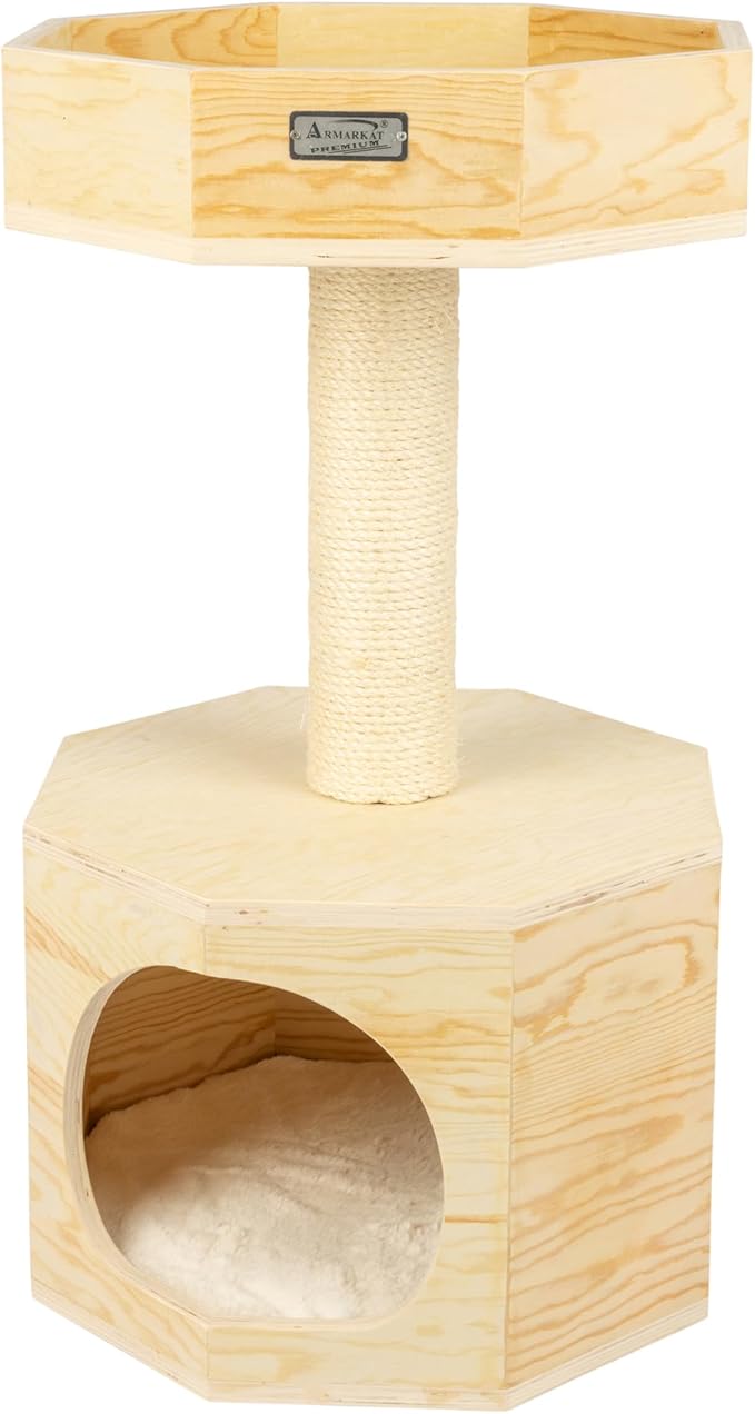 Armarkat Solid Wood Sturdy Cat Tree Condo House Furniture with Cushion S2906, Tan, 2 Levels