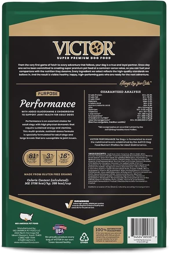 VICTOR Super Premium Dog Food – Performance Dry Dog Food from Beef, Chicken and Pork Meal – 26% Protein for Active Adult Dogs – Includes Glucosamine and Chondroitin for Hip and Joint Health, 5lbs