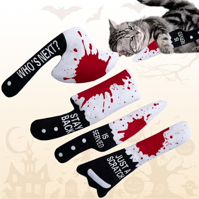 Halloween Plush Knife Toy Set for Cats and Dogs, 4-Pack Soft Plush Pet Toys with Crinkle Sound and PP Cotton Filling, Fun Interactive Pet Toys