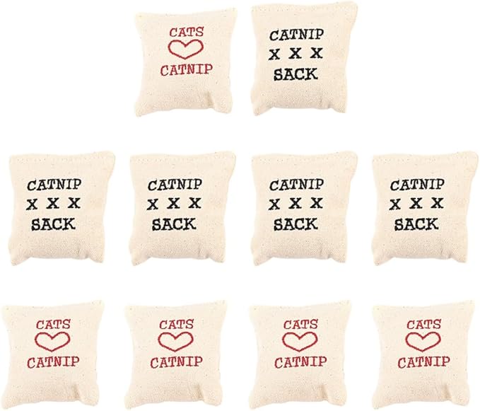 WOONEKY 10Pcs Catnip Canvas Cat Sachets Stuffed with Cotton, Random Style Khaki, Interactive Pet Supplies for Indoor Cats and Kittens