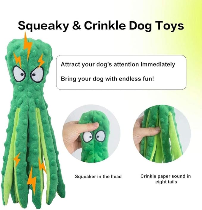 Laytek Squeaky Octopus Dog Toys for Large Dogs, No Stuffing Crinkle Paper Plush Dog Toys for Puppy Teething, Durable Interactive Dog Toys for Small Medium Dogs (Green)