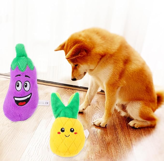 Angoily Pet Sound Toy Set 3-Pack Interactive Squeaky Dog Cat Toys Fruit Vegetable Design Educational Play for Small Dogs 9.44X3.54X3.54 Inch