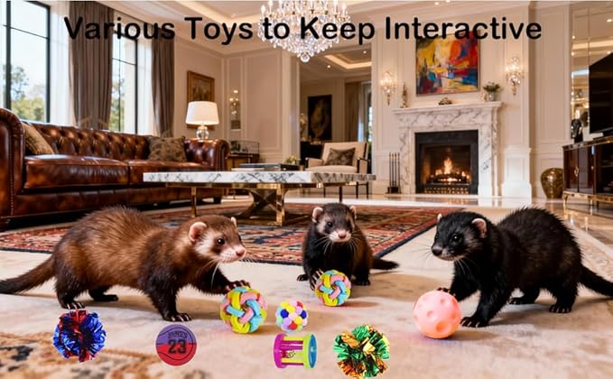 12 pcs Ferret Squeaky Toys Balls Squeaker Toys Teething Chewing Toy Colorful Bouncy Rubber Bell Balls Mylar Crinkle Interactive Sound Exercise Scratch Chew Toy for Ferrets Pet Cat Dog