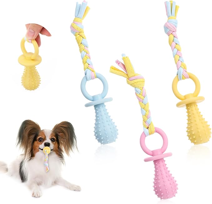 3Pcs Dog & Cat Pacifier with Rope, Small Pet Molar Clean Teeth Rubber Toy, Rubber Puppy Pacifier Chewing, Dog Chew Toys for Chewers, Playing Training Toys for Small Dogs & Adult Cat, 3 Cute Colors
