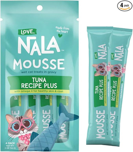 LOVE, NALA Tuna + Omega-3 Mousse Cat Treats – Brain & Heart Health Support – Lickable Squeeze-Up Puree, Topper or Treat – Grain-Free, 4 Pack – Human-Grade Protein, Non-GMO, No Artificial Additives