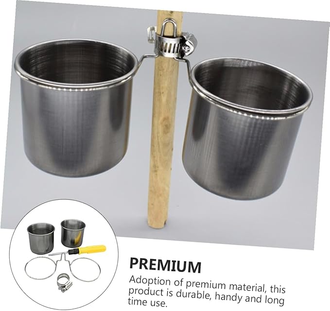 FRCOLOR Stainless Steel Parrot Eating Bowl and Cup Set with Hanging Stand, Bird Cage Food Container for Parakeets and Cockatiels, Sturdy Pet Feeder Accessory for Bird Feeding Random Color