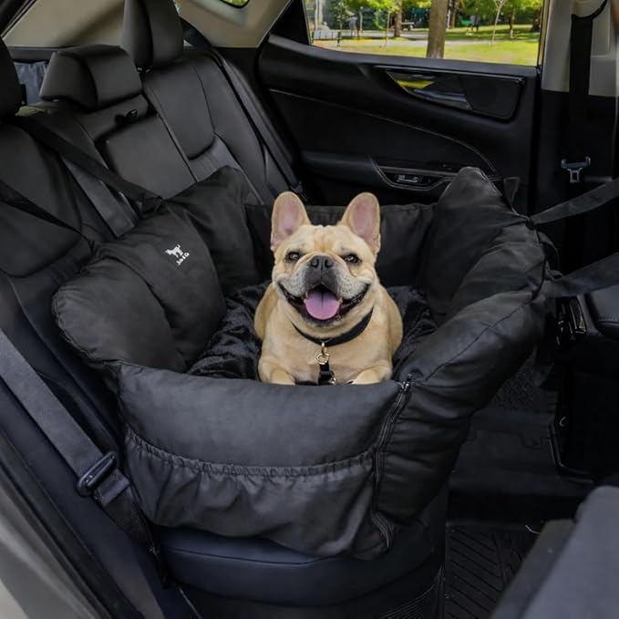 JACKO & CO Premium Dog Car Seat – Safe & Cozy Travel Bed Carrier for Small Dogs, Puppies, Pets, Clip-On Leash, Storage Pockets, Water-Resistant, Machine Wash (Black, Removable - Medium (25-40lbs))