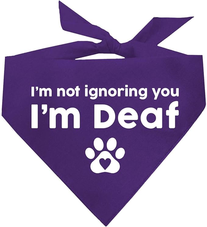 I'm Not Ignoring You I'm Deaf Dog Bandana | 100% Adjustable Cotton Triangle | Made in USA | Deaf | Impaired | Hearing Loss Accessory | Warning (Purple, OS 351)
