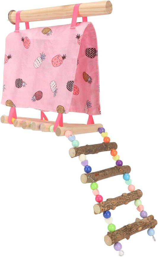 Bird Nest Hut Hammock Tent with Ladder, Parrot Snuggle Tent with Open Front and Back, Vibrant Color Climbing Toy for Small Birds, Safe Cloth and Wood Bird Cage Accessory