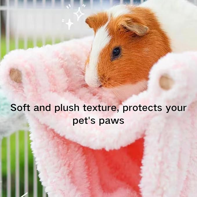 Winter Warm Guinea Pig Hammock, Double Layer Hanging Chinchilla Nest Bed with Warm Plush, Bird Cage Stand Perch, Hideaway Cave Tent, Sleep Bed Cage Accessories for Rat Sugar Glider Parrot (Pink)