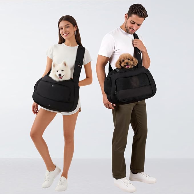 Dog Sling Carrier for Small Medium Dogs & Cats, Fits 7–18lbs, Soft Puffy Lightweight Pet Sling Carrier with Adjustable Padded Strap and Storage Pocket, Hands-Free for Travel, Hiking & Outdoor Black