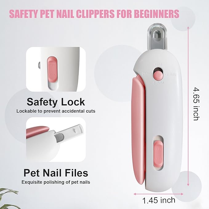 Professional Cat Nail Clipper and Trimmer with 3 Adjustable Safety Levels (1-3.5mm), Kitten Supplies, Puppy Grooming Tools, with Debris Catcher & Hidden Nail File Pink