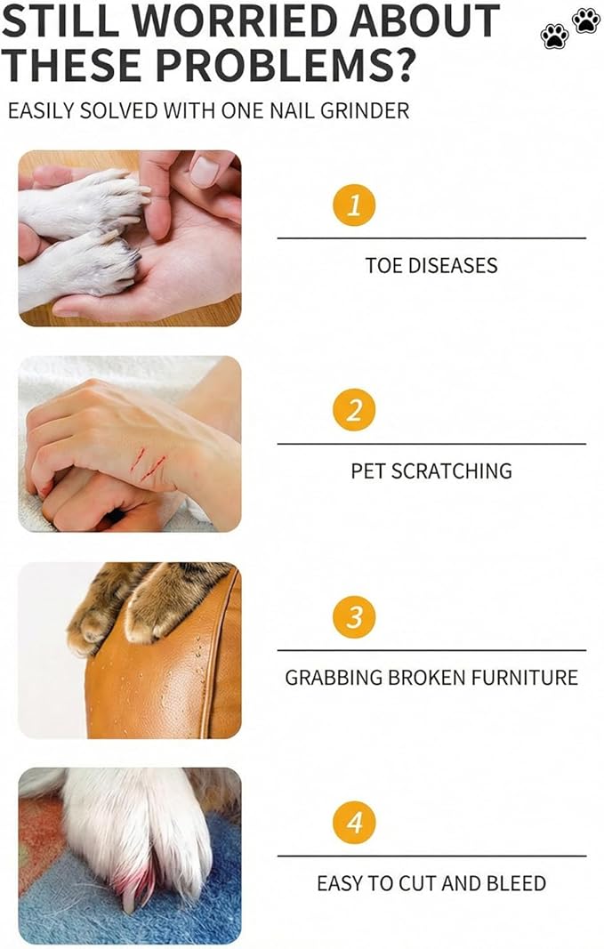 Silent Pet Nail Grinder Pro, 2025 New Dog and Cat Nail Trimmer with LED Light and 3 Speed Settings, Suitable for Thick and Long Nails(1+2*Replacement Head)