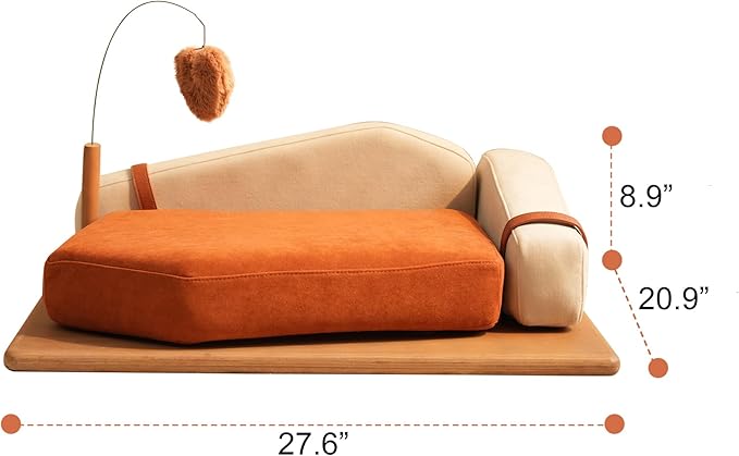 GDFStudio 27.6" Wooden Pet Bed for Cats and Dogs, Oak Veneer Frame with Washable Cushion, Scratch-Resistant Fabric, Elevated Pet Sofa Bed with Hanging Toy and Non-Slip Feet for Medium to Large Pets