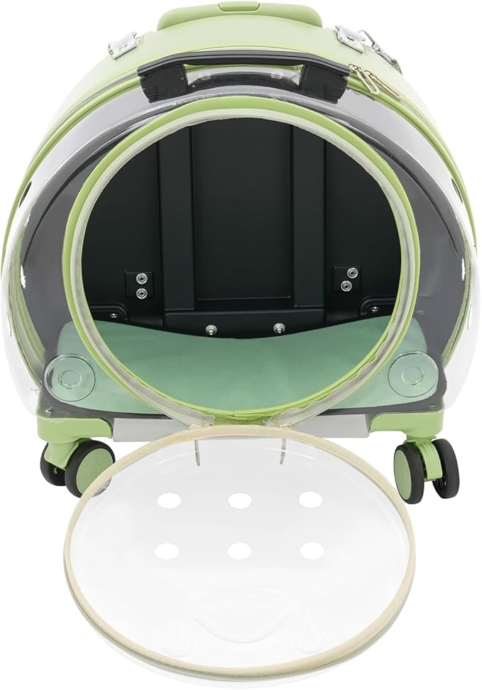 4-Wheel Rolling Cat Carrier, Hard Shell Pet Carrier with Ventilation Holes, Adjustable Handle Cat Travel Carrier, Lightweight Pet Stroller for Airplane, Car, Fits Pets up to 19.8lbs (Green)