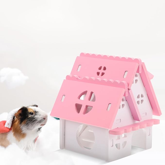 LOGOFUN Guinea Pig Castle Small Animal Wooden Maze Hut Detachable Hideout House with Door Bird Cage Accessories for Hamster Chinchilla Dwarf Rabbit Hedgehog Squirrel - Pink