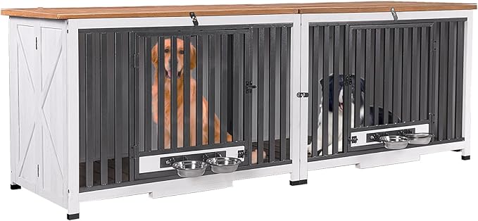 GUTINNEEN Extra Large Foldable Dog Crate Furniture with 360° Rotating Bowls, Solid Wood Double Dog Crate, Chew-Resistant Frame, Connectable Design for Large or Mutiple Dogs,78.8" L (Double Crates)