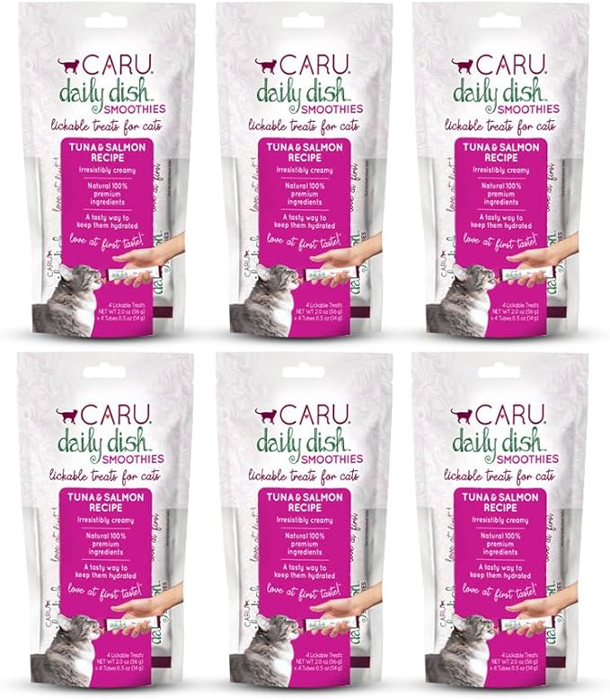 Caru - Daily Dish Smoothies - Lickable Tuna & Salmon Cat Treat - 4 Pouches per Pack - Pack of 6-0.5 oz per Pouch