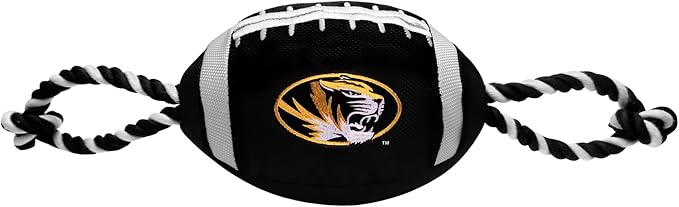 NCAA Missouri Tigers Nylon Football Dog Toy Tough Quality Nylon Materials, Strong Pull Ropes, Inner Squeaker, Collegiate Team Color