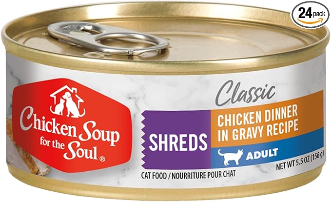 Chicken Soup for The Soul All Natural Premium Adult Wet Cat Food, Real Meat First Ingredient, No by-Products, Artificial Colors, Flavors or Preservatives, Chicken Shreds Dinner, 5.5oz (Pack of 24)