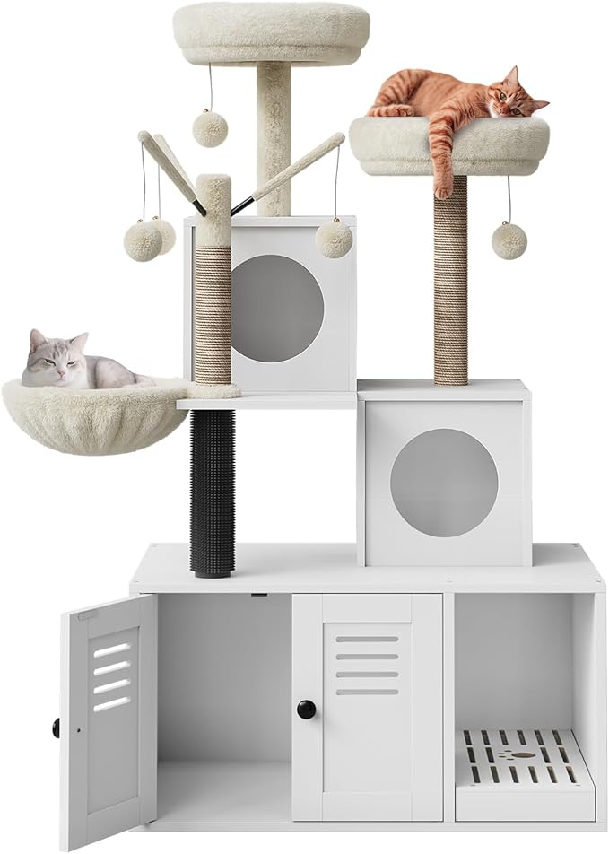 Multi-Level Wooden Cat Tree Tower with Hidden Litter Box Enclosure & Condo, Sisal Scratching Posts, Soft Perch & Toys, Modern Cat Furniture for Indoor Cats, White Box & White Trees