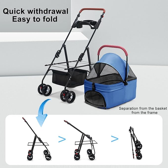 Pet Stroller for Medium Small Dogs/Cats - 4 Wheels Foldable Dog Stroller with Storage Basket,Dog/Cat Carrier,Adjustable Handle,Folding Puppy Carrier Suitable for Traveling with Cats and Dogs (Blue)