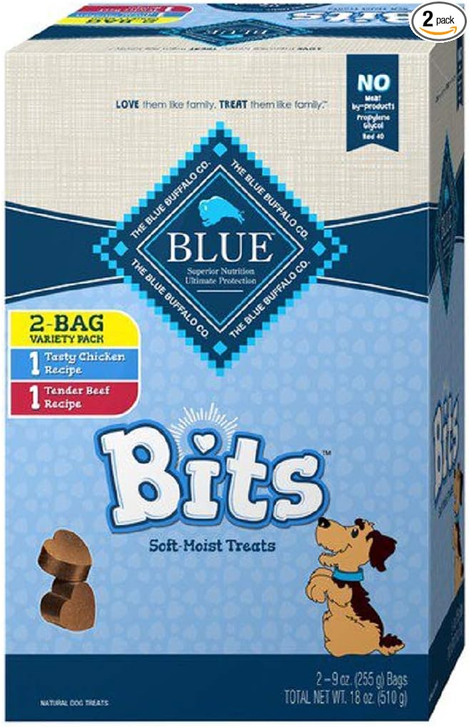 Blue Buffalo Blue Bits Natural Soft-Moist Training Dog Treats Variety Pack 2 Flavors ( 11 OZ Each Bag ) 22 OZ Total.