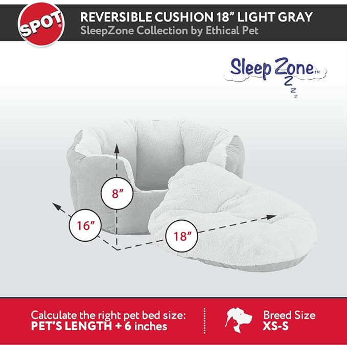 SPOT Sleep Zone Small Pet Bed - High Wall, Reversible Cushion Bed for Indoor Cats & Small Dogs, Durable Faux Suede, Machine Washable for Pets Under 10lbs and 15 inches Long - 18x16in, Light Grey