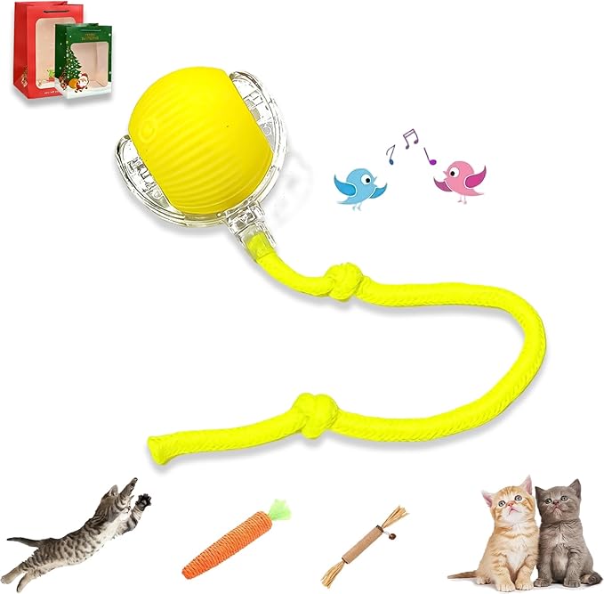 2026 New Generation Interactive Cat Toys Indoor, 360° Smart Automatic Cat Ball Three Modes with Long-Lasting Durability, for All Cats & Dogs (Yellow, Wake Birdsong)