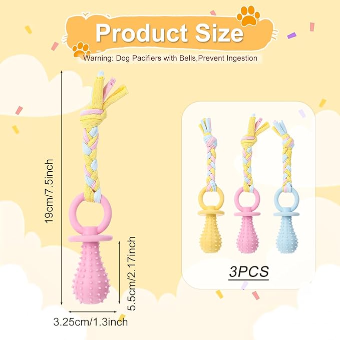 3Pcs Dog & Cat Pacifier with Rope, Small Pet Molar Clean Teeth Rubber Toy, Rubber Puppy Pacifier Chewing, Dog Chew Toys for Chewers, Playing Training Toys for Small Dogs & Adult Cat, 3 Cute Colors