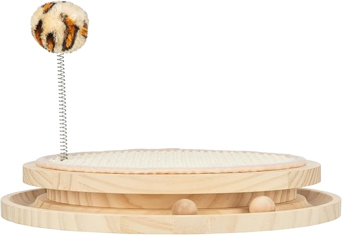 Trixie Cat Scratching Pad with Track Balls & Spring Toy | 3-in-1 Interactive Wooden Scratcher, Sisal Pad, Ball Track with Bell, Mental Stimulation & Exercise for Indoor Cats