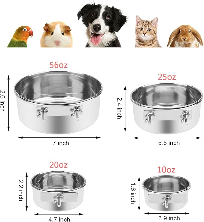 Pet Food Water Bowl with Clamp Holder Stainless Steel Coop Cup Hanging Feeder for Dog Bird Parrot Cat Rabbit (M)