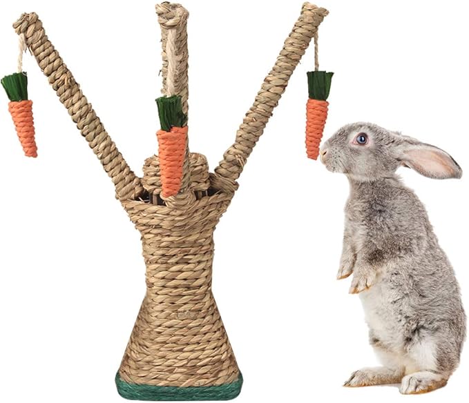 Bunny Chew Toys, Rabbit Scratching Climbing Tree with Carrot Shaped Toy, Handwoven Seagrass Chew Toy for Rabbits, Cats, Hamsters, Gerbils Teeth Grinding