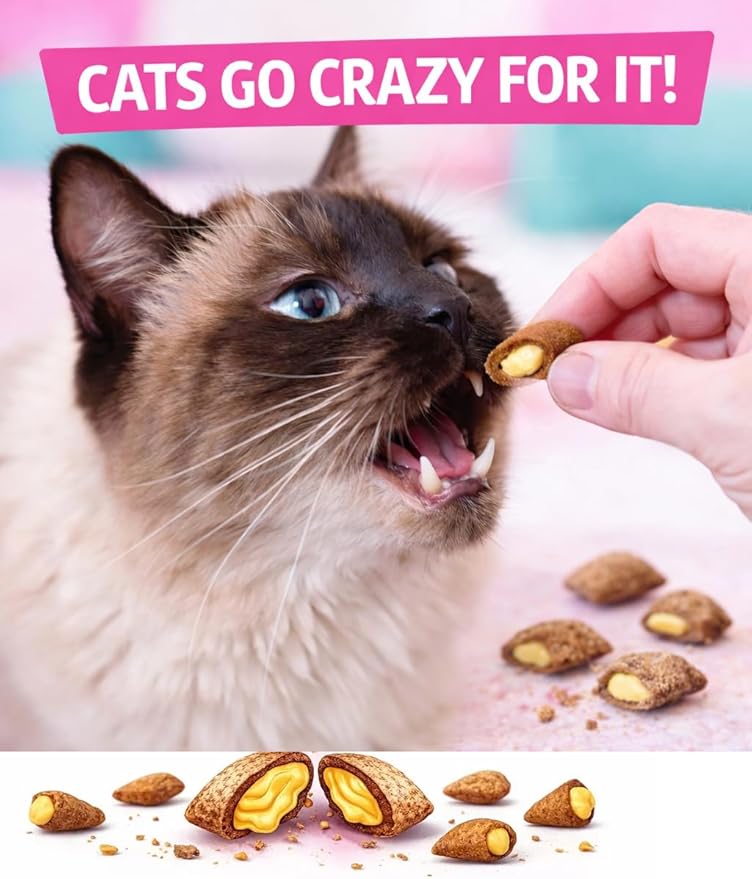 Calming Cat Treats for Indoor Cats – Crunchy Pillow Bites Gooey Center – Seafood Low Calorie Kitty Treats – Cat Snacks Food Topper Training Wheat Soy Free Healthy Dental – 3oz (Packaging May Vary)