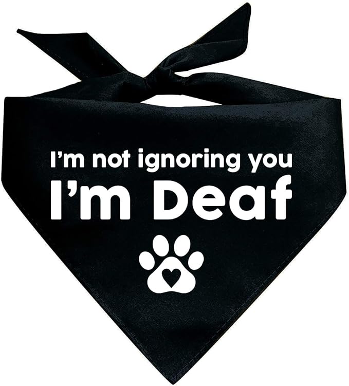 I'm Not Ignoring You I'm Deaf Dog Bandana | 100% Adjustable Cotton Triangle | Made in USA | Deaf | Impaired | Hearing Loss Accessory | Warning (Black, XS 351)