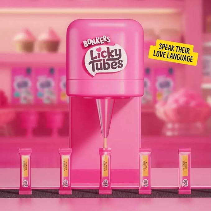 Bonkers Licky Tubes, Wet Lickable Tube Tender Chicken Flavor Cat Treats, Real Meat, Training or Food Topper 2 Pak (8 Tubes) Plus 1 Cat Pom Pom Balls Toy - Product Packaging May Vary