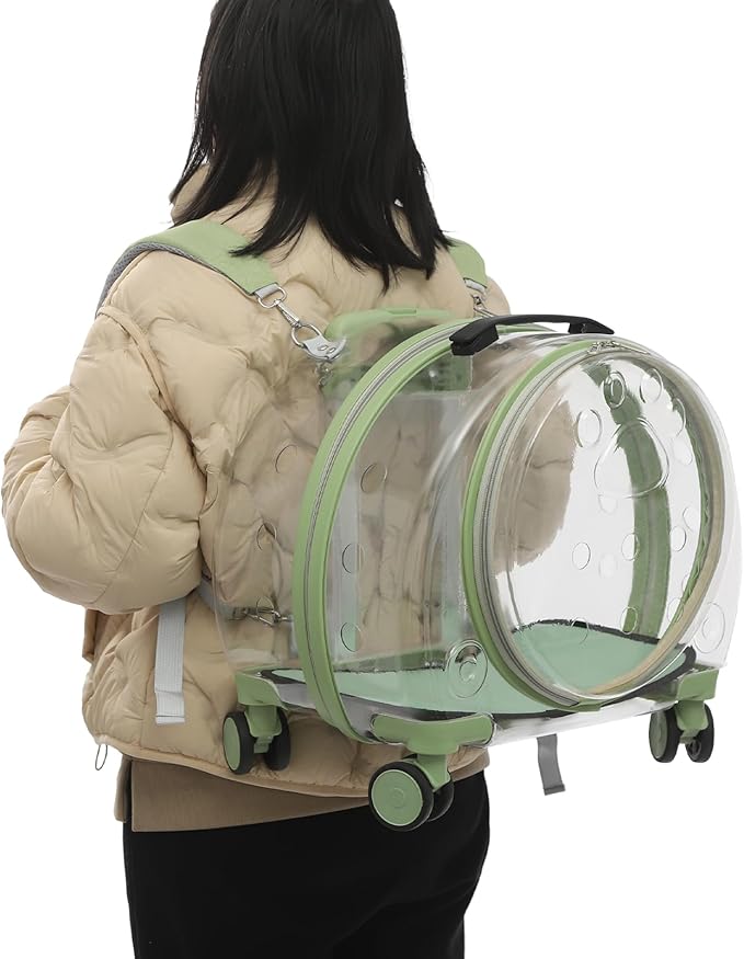 15.7" X 10.6" X 17.7" Hard Shell Rolling Cat Carrier, Outdoor Cat Carrier with Wheels, Stable Pet Stroller with Soft Mat, Support to 19.84 Lbs (Green)