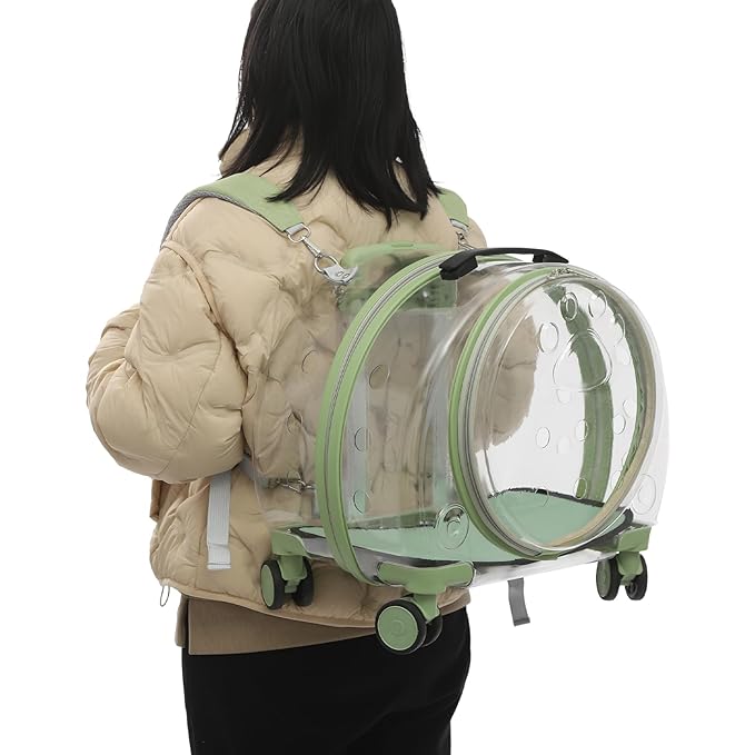 Pet Carrier with Wheels, Transparent Hard Breathable Pet Carrier with Ventilation Holes Telescopic Handle Multiple Carrying Strollers for Cats Dogs (Green)