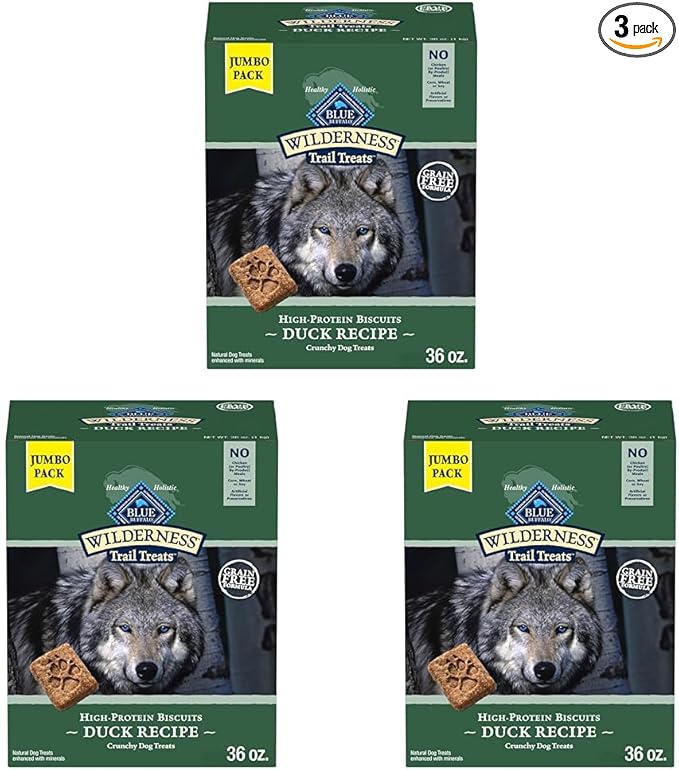 Blue Buffalo Wilderness Trail Treats High Protein Grain Free Dog Biscuits Crunchy Dog Treats, Duck Recipe, 36-oz Box, (Pack of 3)