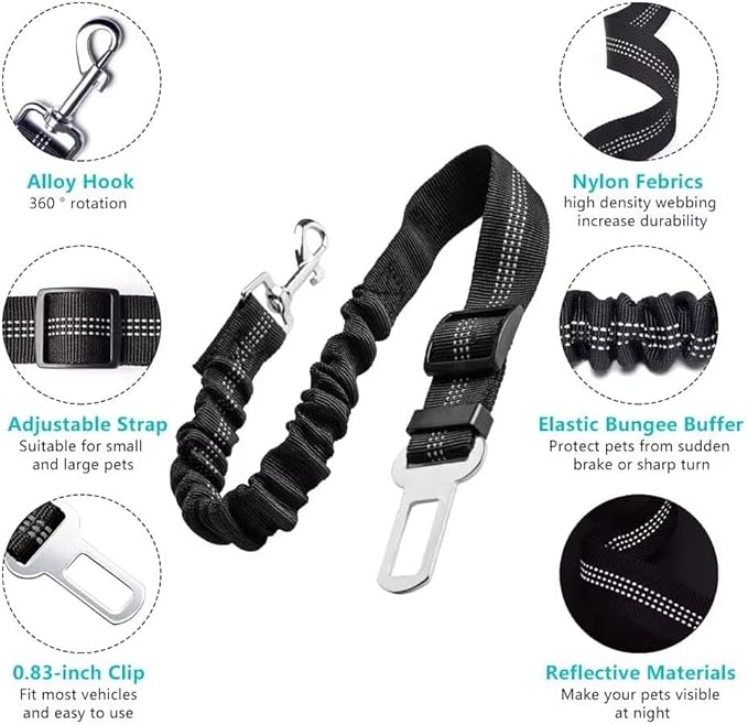 PETSPLAZA Dog Seat Belt, Retractable Dog Car Harness Adjustable Dog Seat Belt for Vehicle Nylon Pet Safety Seat Belts Heavy Duty & Elastic (Black)