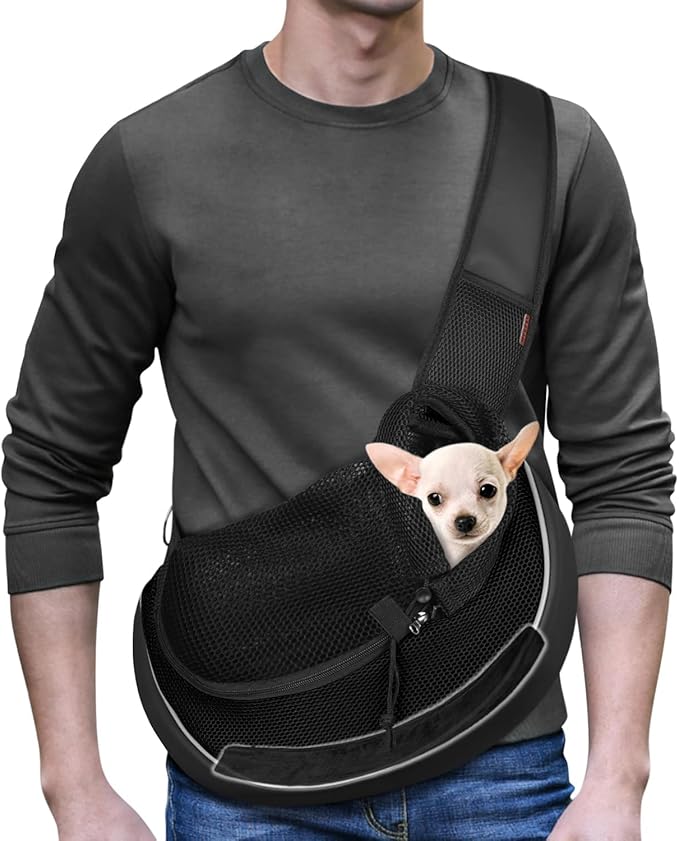 YUDODO Pet Sling Carrier for 5-9 lbs Small Dogs & Cats – Hands-Free Puppy Carrier with Safety Hook, Large Zipper Pocket, Soft Breathable Mesh, Adjustable Strap & Reflective Strip (Black 3.0 M)