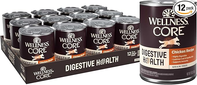 Wellness CORE Digestive Health Pate Adult Canned Wet Dog Food, Grain Free, Sensitive Stomach, Natural, Chicken Recipe, 13 oz, Pack of 12 Cans